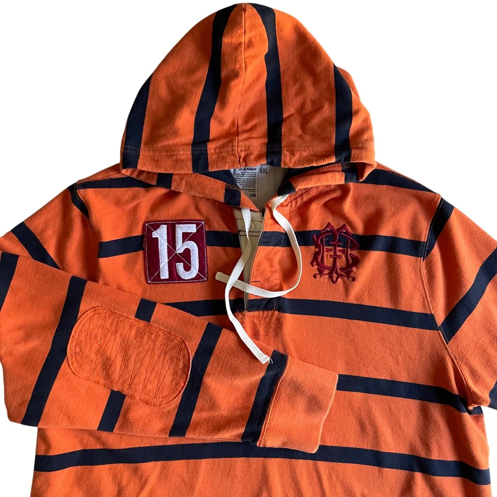 Old Navy Rugby Hoodie Mens XXL Orange Striped Varsity Patch Elbow Pullover Retro